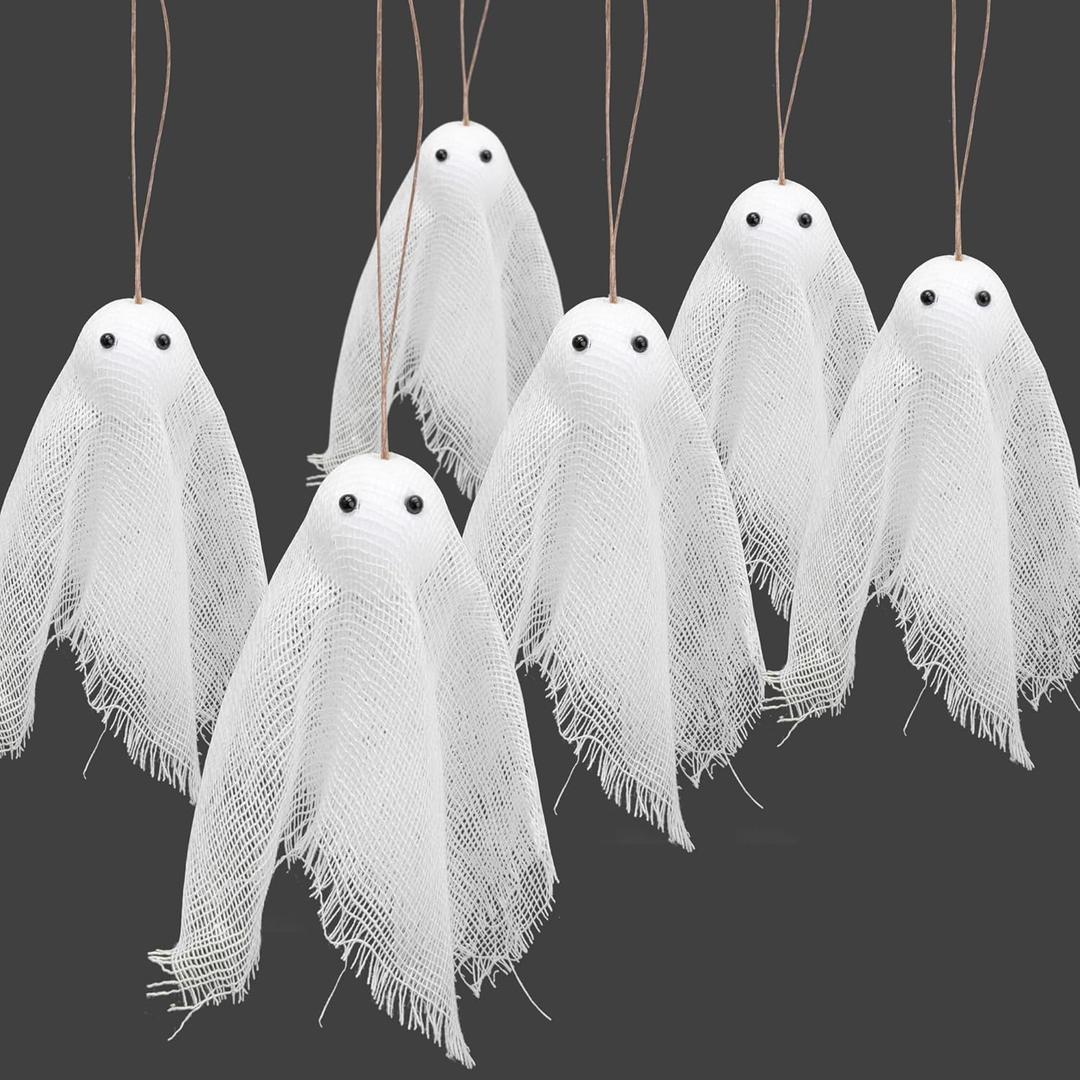 Watayo 16 Pcs Halloween Ghost Hanging Ornaments, 3.5 Inch Small Hanging Ghosts Tree Ornaments, Farmhouse Rustic Cloth Ghosts Hanging Decoration for Haunted House Party Yard Tree Decor
