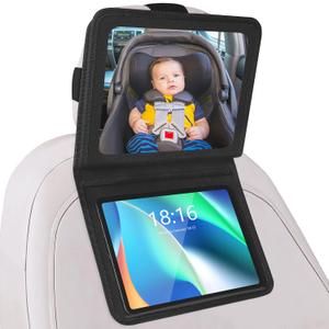 Baby Car Mirror with Adjustable Tablet Holder, Road Trip Essentials for Kids, Backseat Mirror to See Rear Facing Infant, Ipad Case for Car Headrest