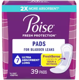 Poise Incontinence & Postpartum Pads for Bladder Leaks, 7 Drop Ultra Absorbency, Long Length, 39 Count