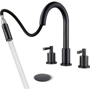 Black Bathroom Faucet 3 Hole - 8 Inch Matte Black Widespread Bathroom Faucet with Sprayer, Sink Faucet Bathroom 2 Handles - Pull Down Vanity Faucets with Pop Up Drain and Supply Lines
