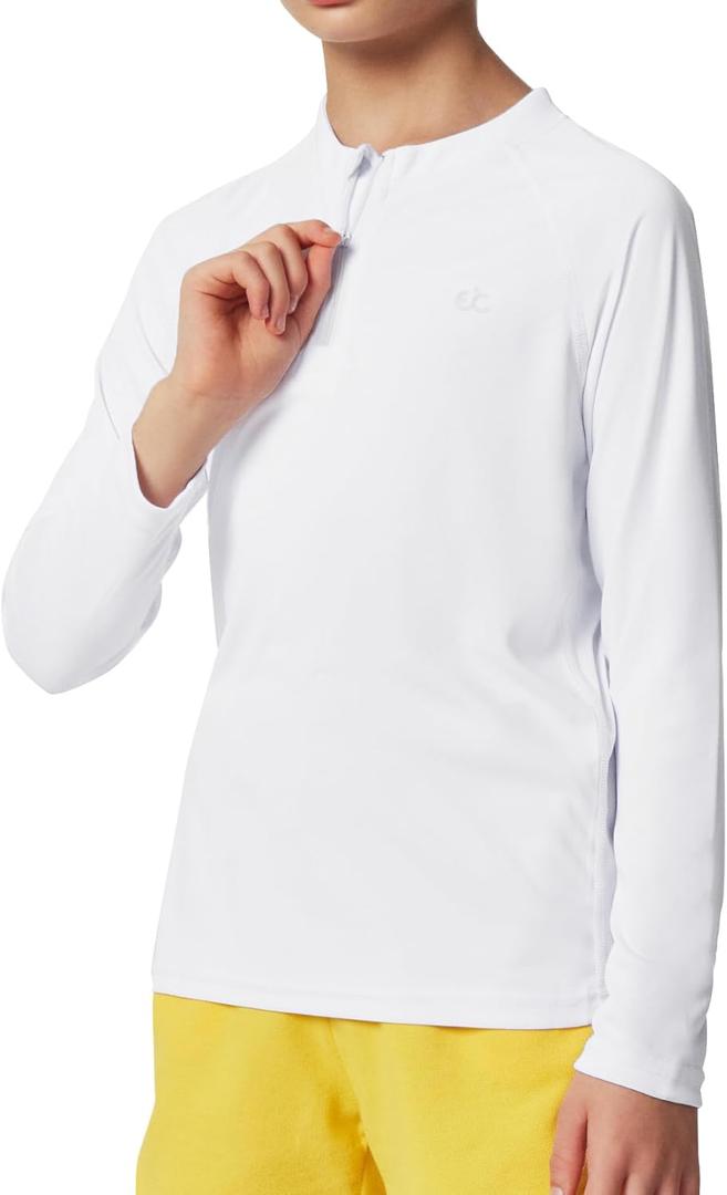 Ewedoos UPF50+ Boys Swim Shirt Rash Guard Long Sleeve Quick Dry Sun Shirts Kids Boys Fishing Shirt for Summer Outdoor (Small, White)
