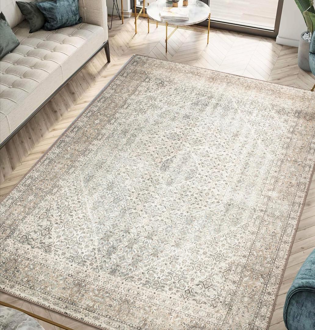Keen Home Design 3x5 Rug - Machine Washable Entry Rug with Non-Slip Backing, Ideal for Enteryway, Kitchen, Bathroom, Laundry Room - Vintage, Easy Clean, Durable, Low Pile Rug - (3' x 5') (Dark Beige)