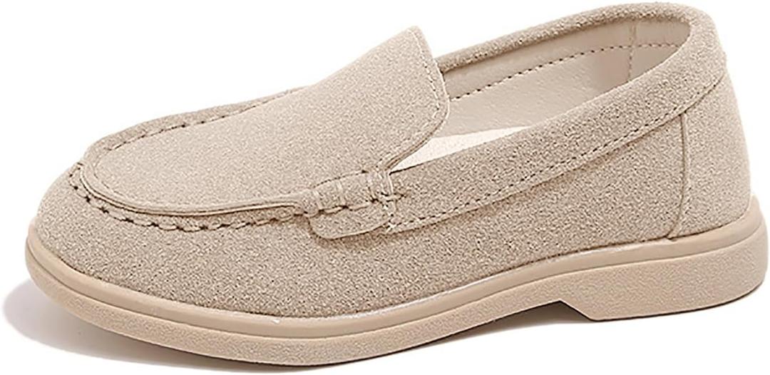 SOFMUO Toddler Boys Girls Loafers Slip On Little Kids Oxford Dress Flats Casual Boat Shoes School Uniform Moccasin Daily Walking Shoes (Suede/Beige)