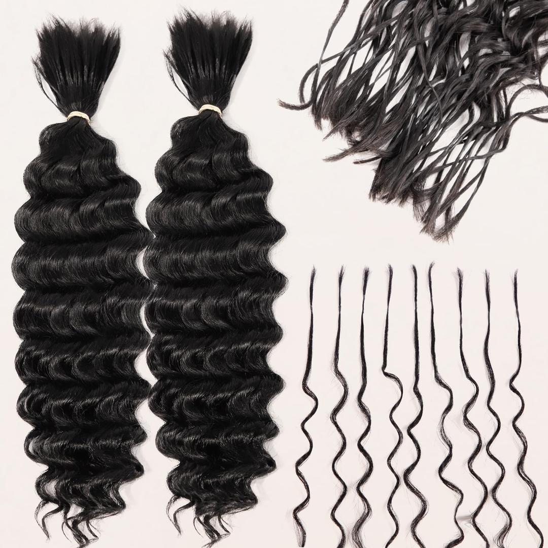 Pre-Divided Deep Wave Human Braiding Hair for Boho Braids Bulk Hair Pre-stretched Human Braiding Hair Deep Wave For Black Women (Natural Black, 14 Inch - 320 Roots)