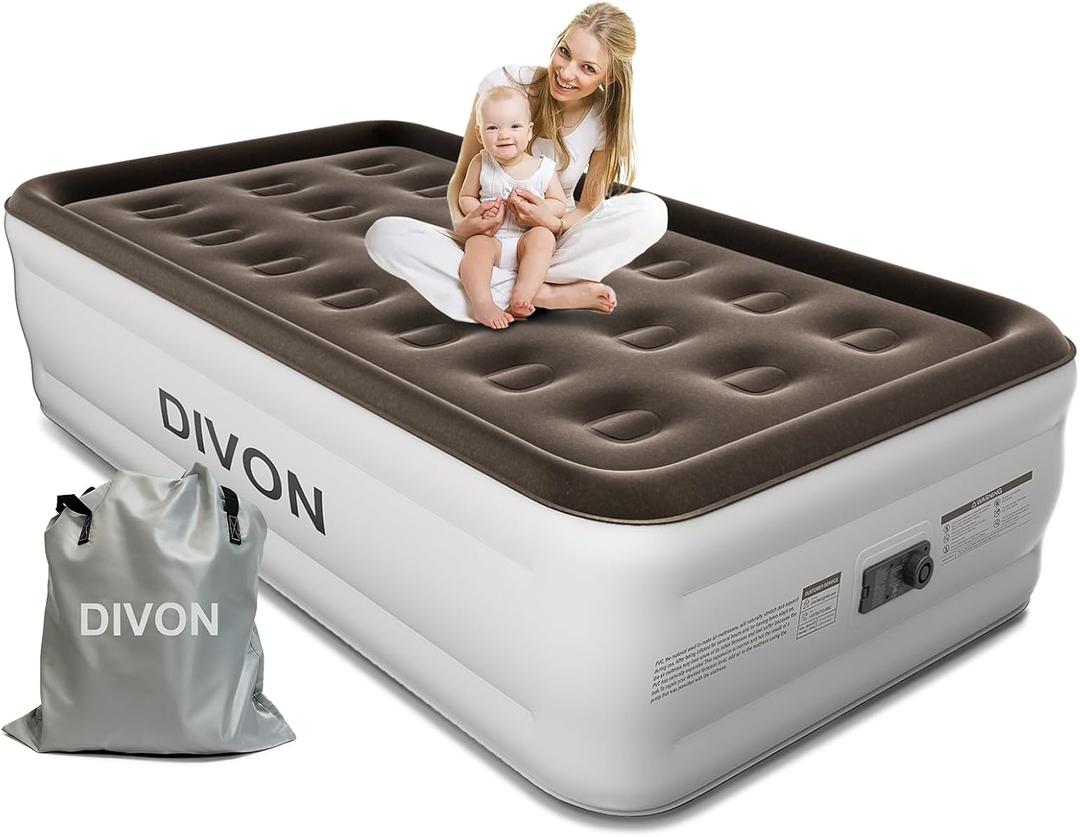 DIVON Twin Air Mattress with Built in Pump Raised, 2 Min Self Inflatable Mattress, 18 Blow up Mattress for Adults, 330 LBS Portable Air Bed for Guest, Camping, Travel & Floor, Brown