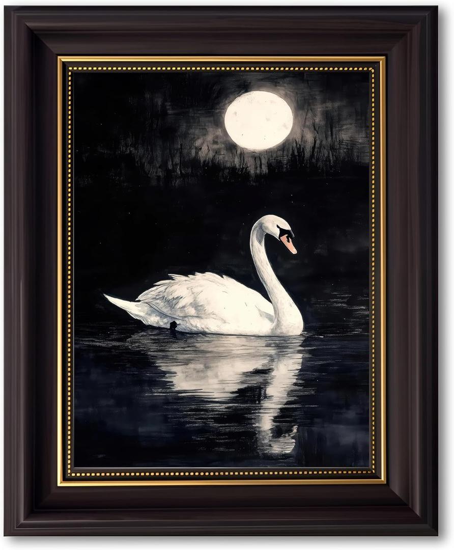 TravelReady Moody Swan Framed Wall Art Dark Moonlight Wall Decor 9x11 In
