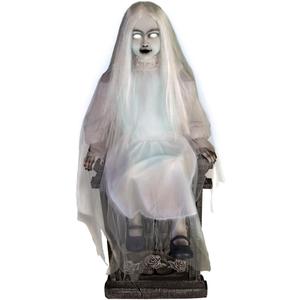 Haunted Hill Farm Motion-Activated Sitting Tombstone Girl by Tekky, Talking Animatronic for Indoor or Covered Outdoor Creepy Halloween Decorations, Plug-In or Battery Operated Prop
