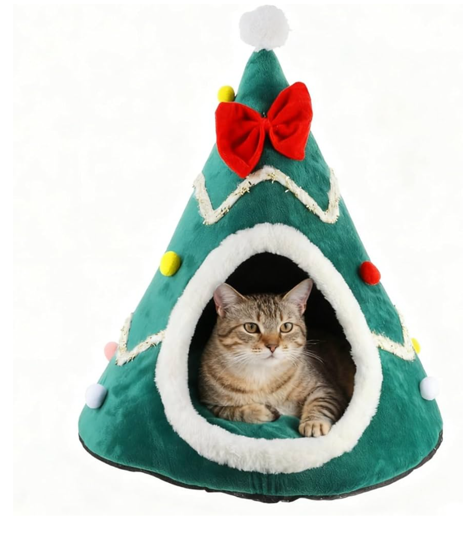 Creative Christmas Tree Shape Warm Pet Nest for Cats and Dogs for Holiday Decor. Red And Green Color