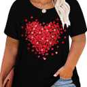 Plus Size Valentines Shirts for Women Heart Print Graphic Tees Teacher Valentine Shirt Casual Tops (5X-Large Plus, Black)