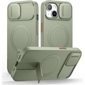 SURITCH for iPhone 15 Case with Magnetic Camera Slide Cover and Adjustable Kickstand, Compatible with MagSafe, Shockproof Bumper Case Slim Protective Cover 6.1 Inch, Green
