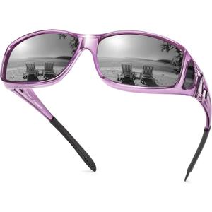 URUMQI Polarized Sunglasses Fit Over Glasses for Men Women, Wraparound Sunglasses UV400 Protection for Driving Fishing, A03 Transparent Purple Frame/Grey Lens