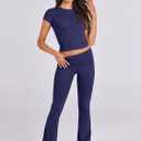 ANRABESS Lounge Sets for Women 2 Piece Foldover Yoga Flare Leggings Pants Crop Tops Casual Y2K Outfits Matching Tracksuit Set (Blue, L)