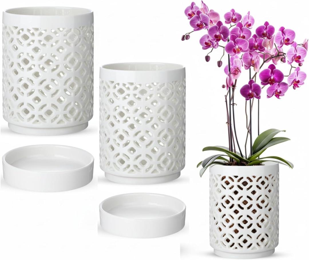 2 Pack 4 Inch Orchid Pots with Holes and Saucers, Ceramic Orchid Pot for Repotting, Flower Planter Pot Indoor Outdoor, Breathable Slotted Orchids Planter Gifts for Moms(White)