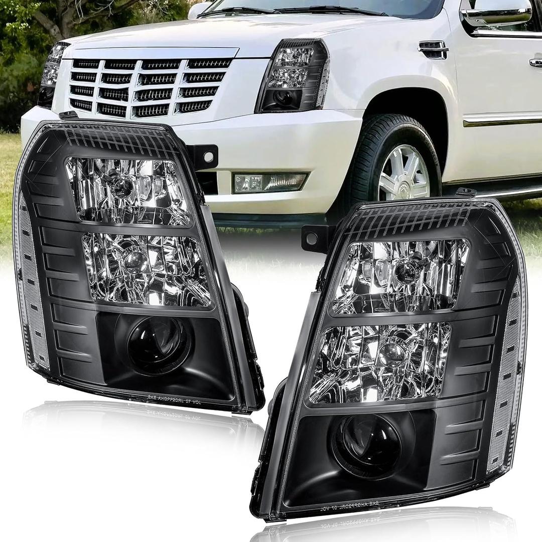 HID Projector Headlight Assembly for 2007-2014 Cadillac Escalade/2007-2014 Escalade ESV/2007-2013 Escalade EXT Left Right Side Headlamp Black Housing Clear Reflector