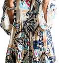 SELINK Womens Long Sleeve Dresses Casual V Neck Tribal Print Button Flowy Boho Mini Beach Dress (Beige)