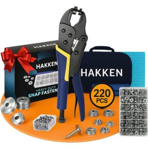 HAKKEN Snap Fastener Tool Kit  Heavy Duty Pliers with 3 Magnetic Dies, 210 Rust-Resistant Stainless Steel Snaps & Storage Box for Marine Canvas, Leather & Upholstery (15mm)