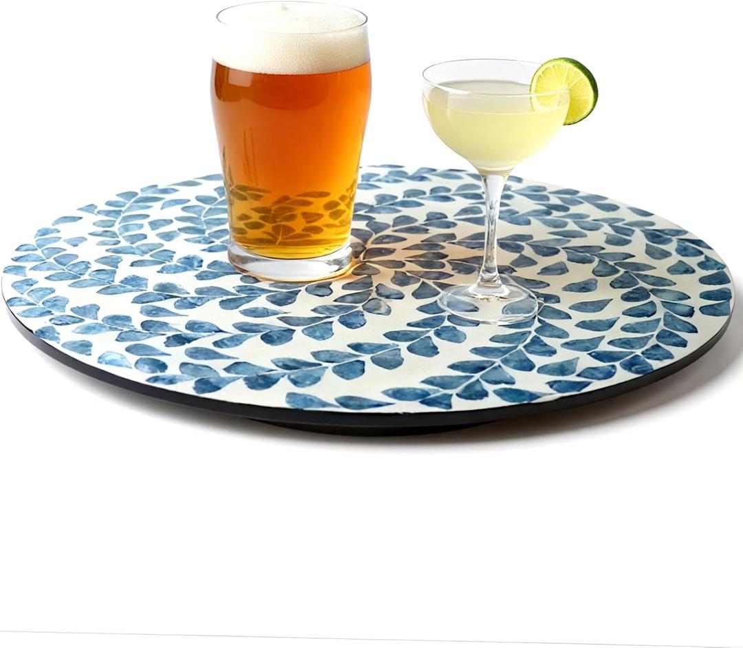 13.8" Mother of Pearl Lazy Susan Turnable Organizer, 360 Degree Round Table Countertop Decorative Spinning Tray for Kitchen Cabinet Counter Spice Pantry Dinner Table (Blue Wicker)