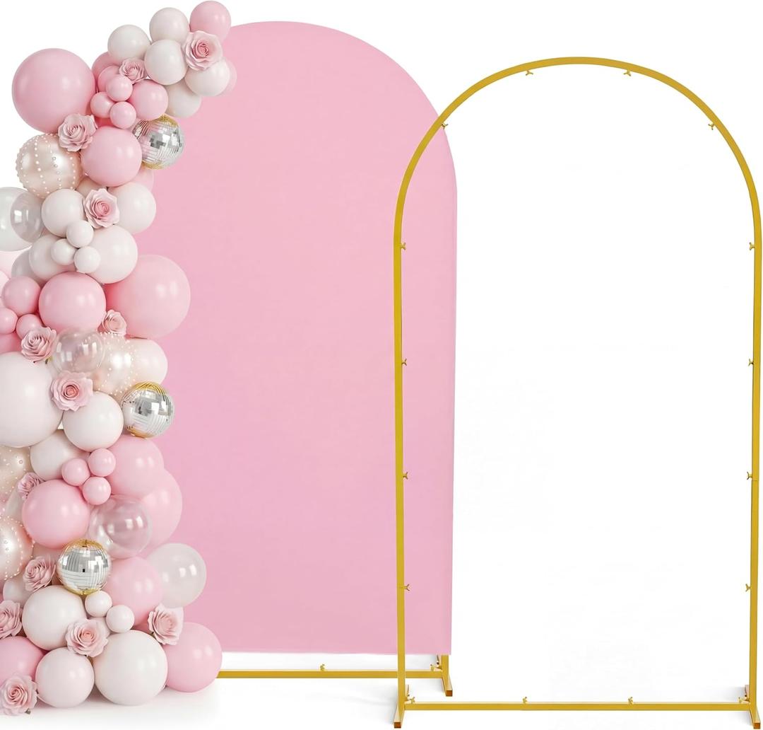 7.2FT Metal Arch Backdrop Stand and Cover Set, Gold Wedding Backdrop Arch Stand with Cover, Balloon Arch Stand with White Arch Cover for Birthday Party, Baby Shower, Anniversary Event (Pink, 7.2FT)