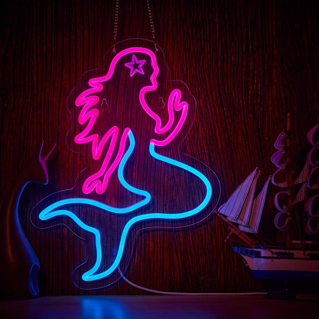 Mermaid Neon Sign for Wall Dcor Dimmable LED Bar Beer Neon Light USB Powered Neon Art Signs Decor (Pink+Blue)