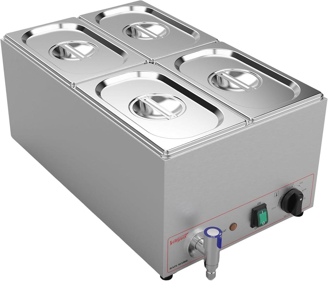 Valgus Commercial Stainless Steel 4 Sections Bain Marie Food Warmer 16 Qt Buffet Server with Lid and Tap for Home, Catering, Restaurants