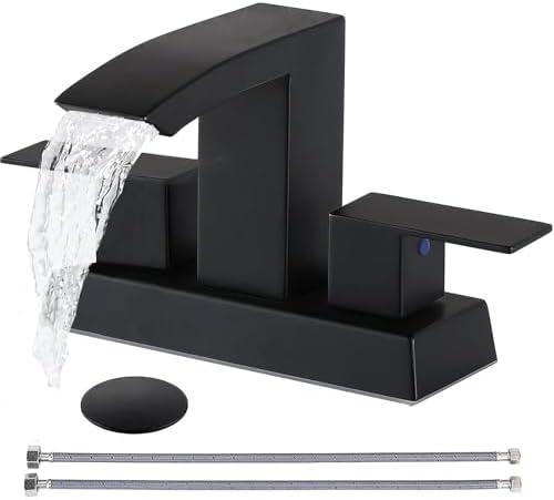 Friho Waterfall Matte Black Bathroom Faucet 3 Hole, 4 Inch 2 Handle Centerset Sink Faucet for Lavatory RV Vanity with Square Spout, Pop up Drain and Water Hoses.