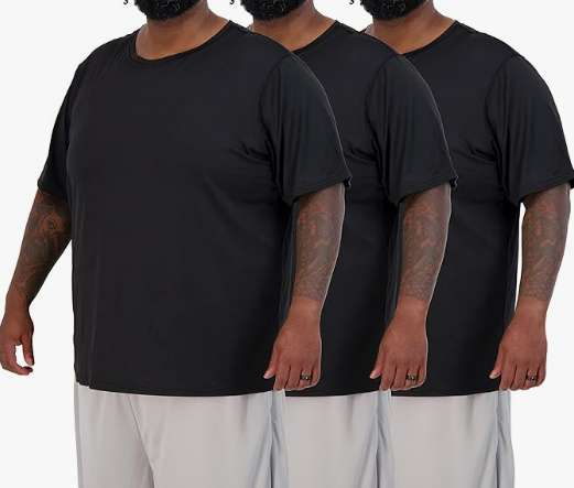 Real Essentials 3 Pack: Mens Big and Tall Tech Stretch Short Sleeve Quick Dry Fit T-Shirt Wicking Active Athletic Gym Top Plus Size Clothes Lounge Sleep Running V Neck Workout Tee- Set 10, 3XT Black