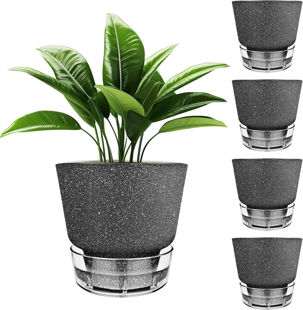 2024 Upgraded 5 Pack 6-Inch Self-Watering Planter Pots with Deep Reservoir for Indoor and Outdoor Plants with Planting Tools (Frosted Black)