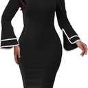 Church Dress for Women Flared Sleeve Midi Pencil Dress Elegant Teacher Office Business Wear to Work Dresses (Large, 996black)