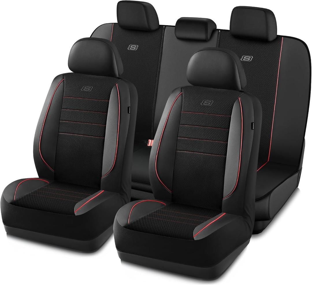 Skechers Air-Cooled Memory Foam Seat Covers,Mesh Thick Car Seat Covers,Piping Leather Car Seat Cover Full Set,Airbag Compatible,Automotive Comfort Universal Fit Most Cars,Vans,Trucks,SUV,Red