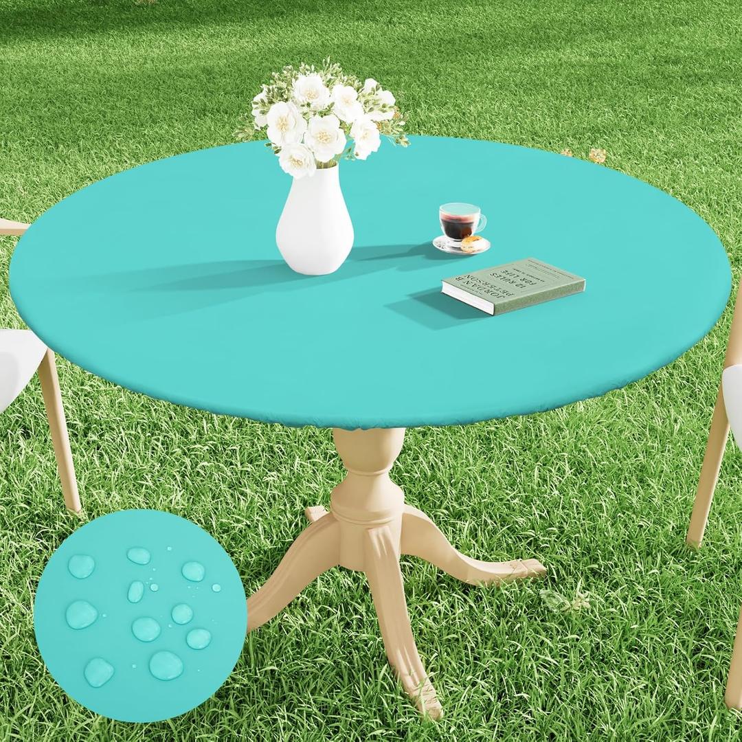 Smiry Round Picnic Tablecloth, Waterproof Elastic Fitted Table Covers for 36" - 44" Tables, Wipeable Flannel Backed Vinyl Tablecloths for Camping, Indoor, Outdoor, Teal