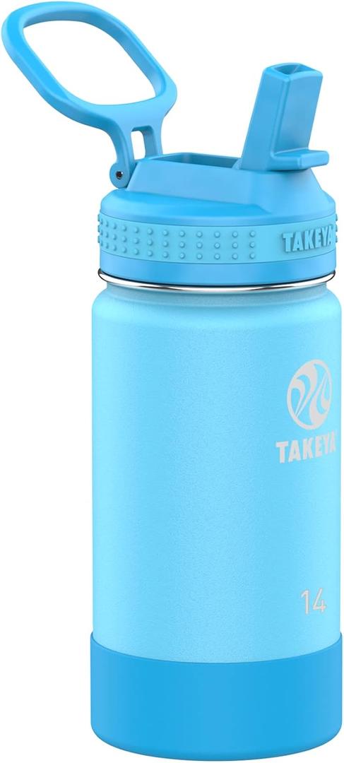 Takeya Actives Kids Water Bottle with Straw Lid - Stainless-Steel Double Wall Insulation - BPA-Free Bottle Lid with Carry Handle - Reusable Bottle with Straw Lid - 14 oz, Atlantic Blue