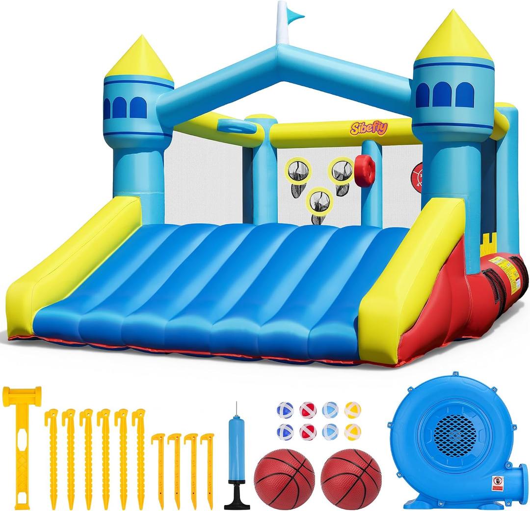 Bounce House, 6-in-1 Play Mode Inflatable Bounce House for Kids, High Elasticity Bouncy House with 480W Blower, Bouncy Castle with Wide Slide for Christmas, Birthday Parties