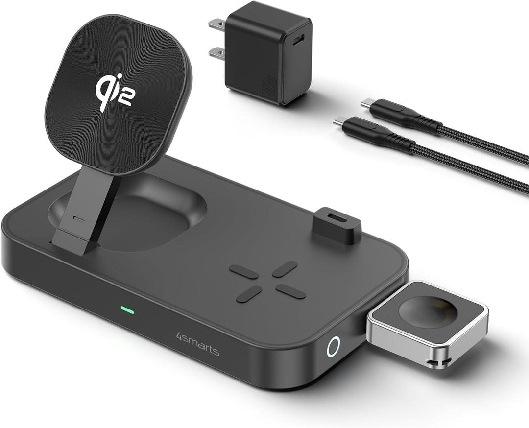 Qi2 Wireless Charging Station Trident, 15W Fast Wireless Charger for Smartphone, AirPods, and Apple Watch  Qi2 Certified, USB-C Ports for Smartwatch, Silent Operation, Adjustable LED, Grey