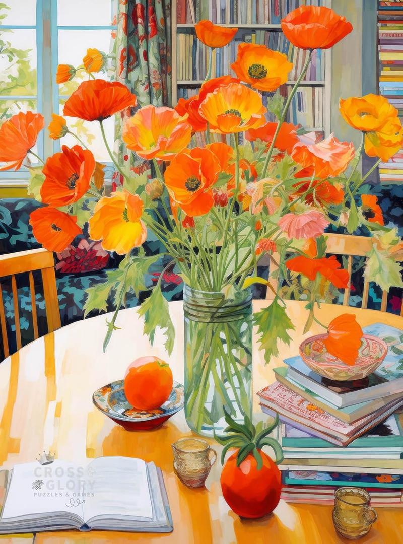 Cross & Glory - Poppies Panorama: Orange Elegance - Jigsaw Puzzles 1000 Pieces for Adults | Floral Puzzle | Vibrant Art | Satin Finish Flower Puzzles for Adults 1000 Pieces | 20 x 27 Inches