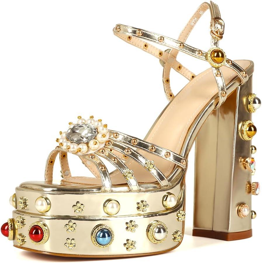 Feinlina Women Rhinestone High Chunky Platform Open Toe Block Heels Gems Detail Fashion Green Pink Floral Print Embroidery Ankle Strap Dress Wedding Party Pump Sandals (10, Gold)