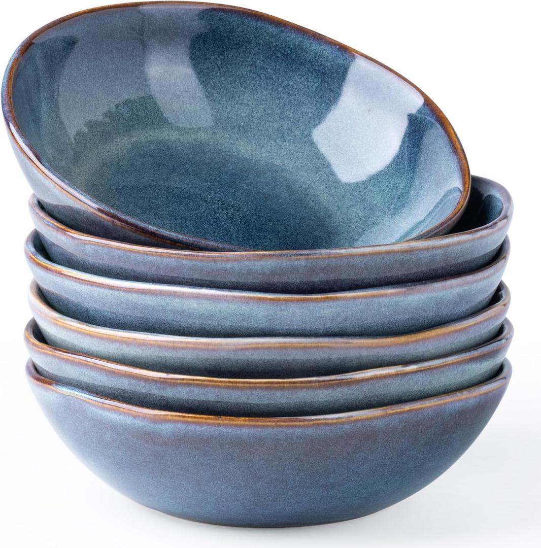 AmorArc Ceramic Cereal Bowls Set of 6, 24 oz Handmade Stoneware Bowls for Cereal Soup Salad Bread, Stylish Kitchen Bowls for Meal, Dishwasher & Microwave Safe-Ceylon Blue