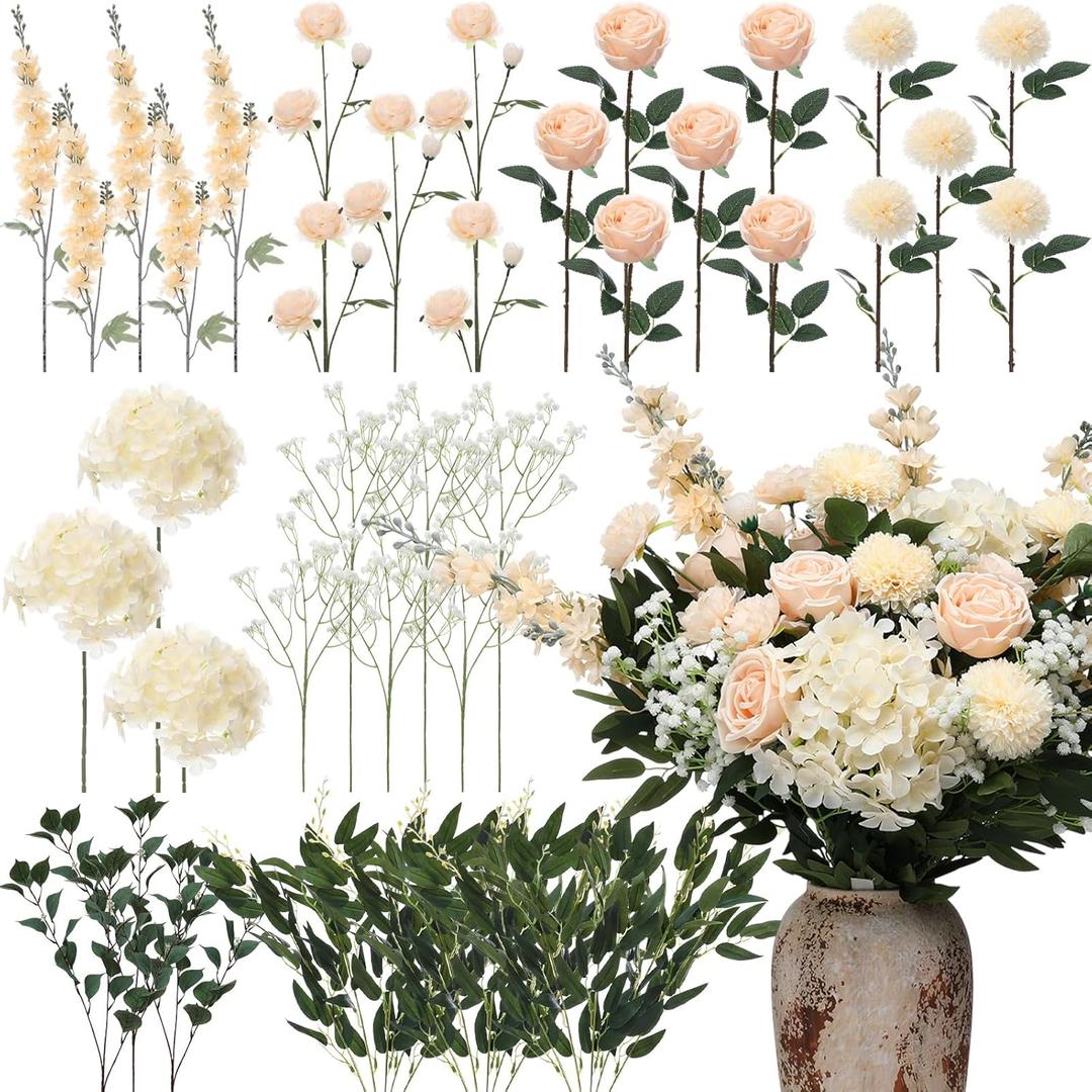 Suncalla 36 Pcs Champagne Artificial Flowers Bouquet Set 8 Kind Faux Delphinium Rose Peony Chrysanthemum Hydrangea Baby's Breath Florals with Greenery Long Stem for Wedding Table Vase Decor