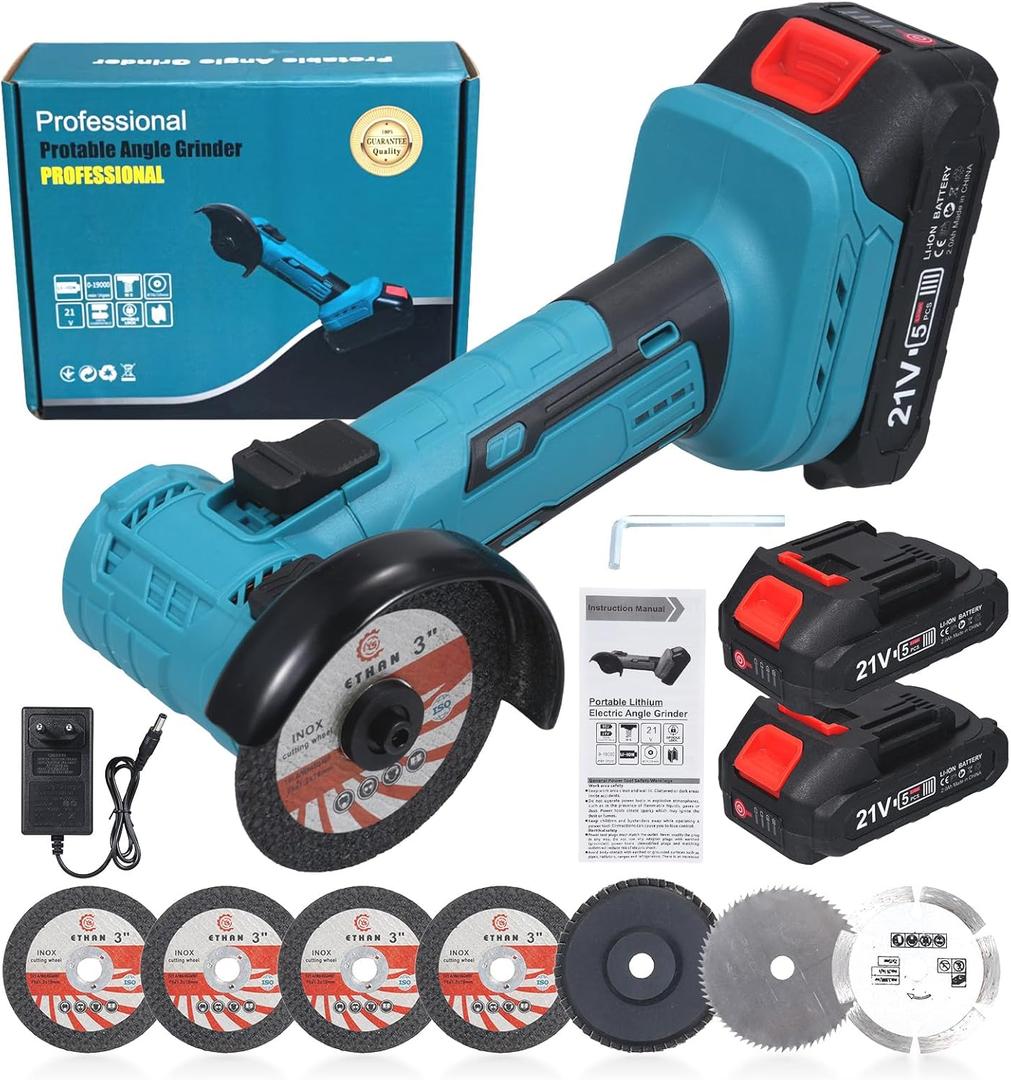 Cordless Angle Grinder Kit, 19000rpm Brushless Mini Angle Grinder with 2PCS 2000mAh Battery & 7pcs Cutting Discs, 21V Electric Cordless Grinder Tool for Metal Wood Polishing Rust Removal
