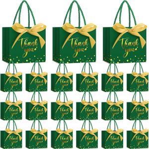 Jetec 45 Pcs Small Thank You Gift Bag Bulk 5.5x4.7x2.5'' Mini Paper Favor Bag with Handle Ribbon for Graduation Mother's Day Baby Shower Wedding Anniversary Birthday Party(Dark Green/gold)