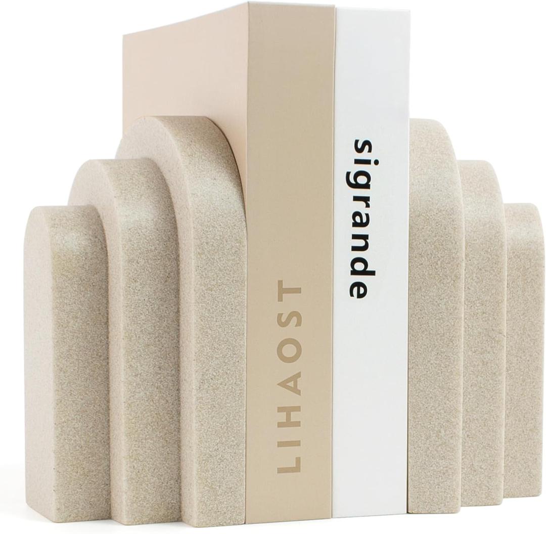 LIN CHUAN Heavy Duty Bookends for Shelves, 6.6 LBS Heavy Book Ends for Heavy Books, Decorative Modern Bookends with Faux Sandstone Look, Layered Arch Book Stopper for Bookshelf Holder Set of 2, Beige