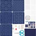 ORIGACH 5 Set Sashiko Coaster Kit, Japanese Traditional Sewing Kit, Handmade Coaster Kit with Thread, Needle, and Five Different Designs on Navy Blue Fabric