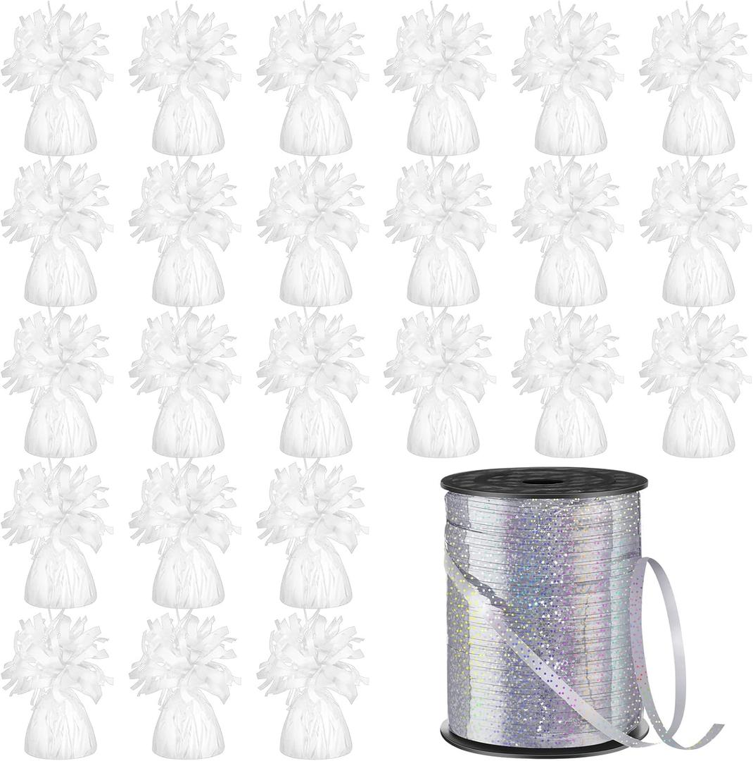 Yunsailing 24 Pcs Balloon Weights Metallic Anchor Balloon Holder for Helium Balloons Heavy Table Weights and 1 Roll Iridescent Crimped Ribbon for Birthday Wedding Baby Shower Party(Silver, White)