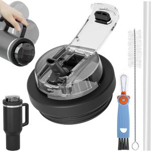 2 x Tnvee 40 Oz Tumbler Flip Straw Lid for Stanley Tumbler- Silicone Cup Lid Replacement with Dustproof Cover Leak Proof for 40 OZ Stanley Cup Accessories (Black)