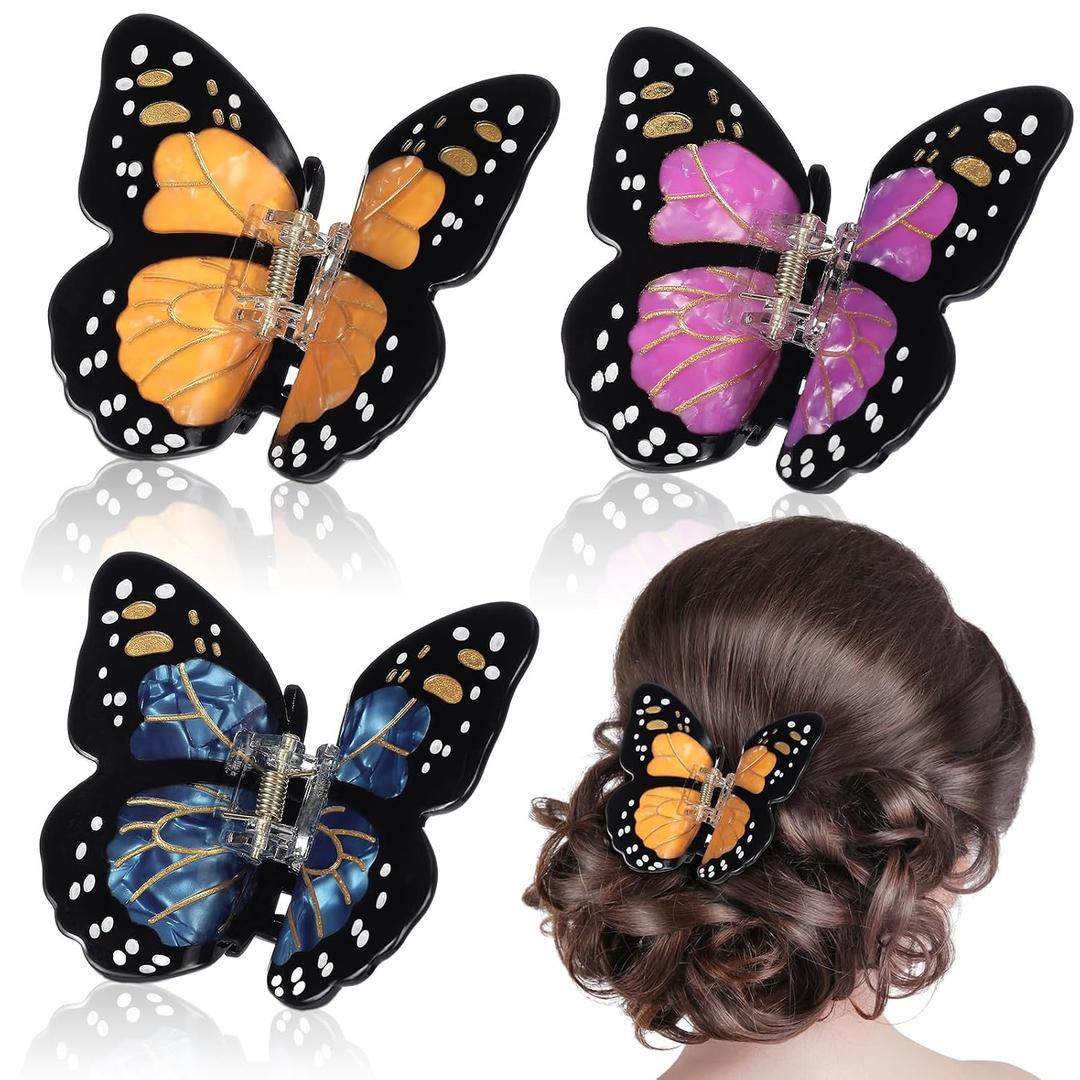 2 Pcs Monarch Butterfly Hair Clips for Women, 3D Butterfly Nonslip Strong Hold Claw Clips for Hair Decor Costumes Accessories Christmas Hoilday Gift, 3 Color Orange Purple Blue