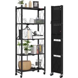 DEANIC 5-Shelf Folding Bookcase with Wheels, Rolling Bookshelf Heavy Duty Storage Shelves, Freestanding Metal Wire Shelving Unit for Living Room, Office, Kitchen, Basement, Pantry (Black), Compact 5 tier