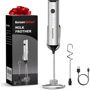 Bonsenkitchen Rechargeable Milk Frother with Stand, 3-Speed Handheld Coffee Frother, Dual Spring Whisk Electric Hand Frother Wand Drink Mixer for Lattes Cappuccino Protein, Kitchen Gifts