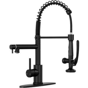 Commercial Kitchen Faucets with Pull Down Sprayer, Matte Black Sink Faucet with Deck Plate, Stainless Steel Single Handle Spring Sprayer for Kitchen