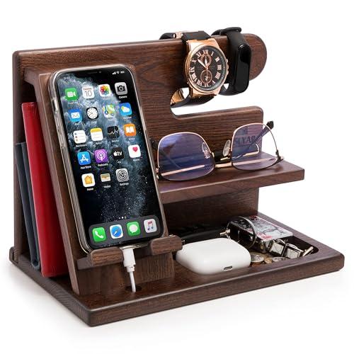 TESLYAR Wood Phone Docking Station for Men - Desktop or Nightstand Organizer - Birthday Gifts for Men, Dad - Anniversary Idea from Wife - Key Holder, Stand Wallet, Watch & Essentials (Bourbon Brown)