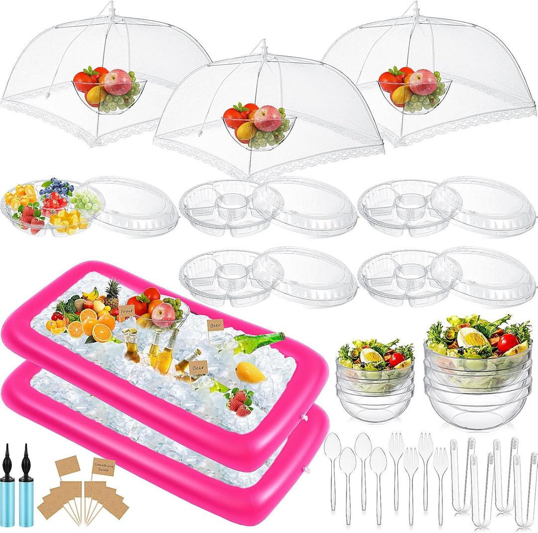 128 Pcs Inflatable Cooler for Parties 2 Inflatable Serving Bars Buffet Cooler for Parties 3 Food Cover 6 Salad Bowl 12 Serving Utensils 5 Plastic Appetizer Tray 100 Labels(Pink)