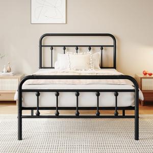 zunatu Twin Size Metal Platform Bed Frame/Victorian Style Headboard and Footboard/Steel Slat Support/Easy Assembly/No Box Spring Needed/Underbed Storage/Noise Free/Black